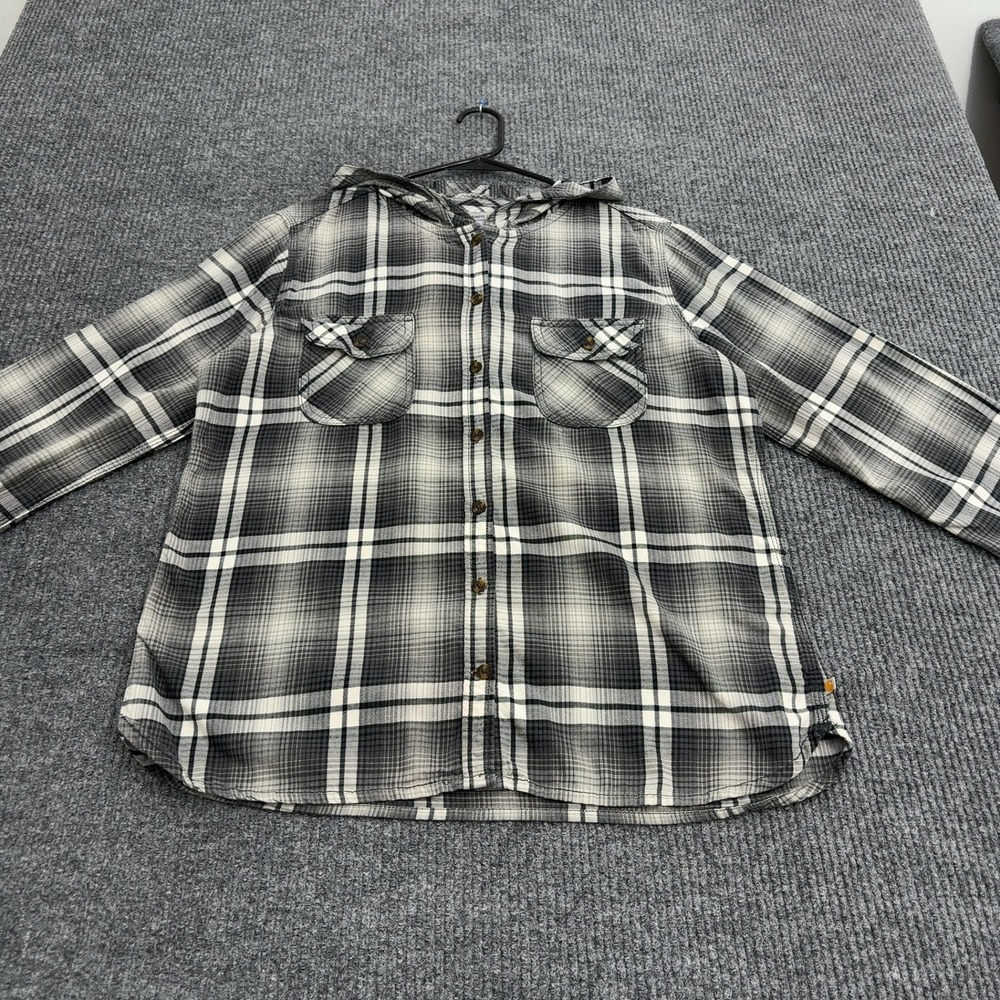 Carhartt Flannel Shirt Kids L Gray Cotton Plaid Hooded Button Down Workwear